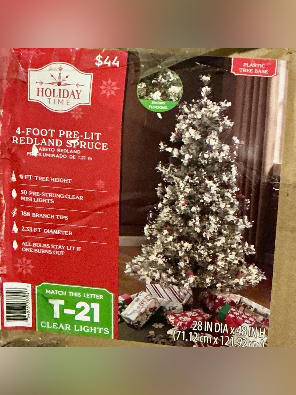 Holiday Time Snowy Flocked Pre-Lit Spruce Tree with Clear Lights - Green & White